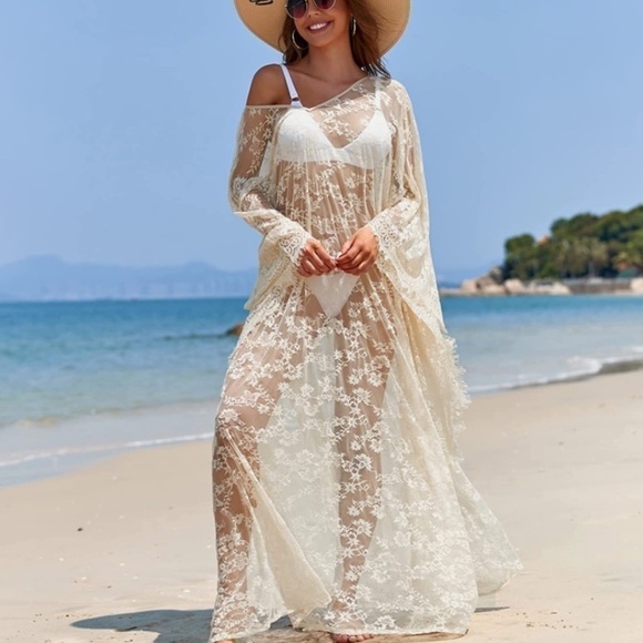 Beach Cover Up Boho Lace Kimono Bikini Robe Swimsuit Bathing Suit Costume Role - Picture 3 of 5